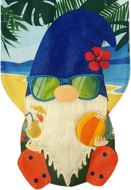 Summer-themed gnome with sunglasses, hat, and beach ball on a tropical background