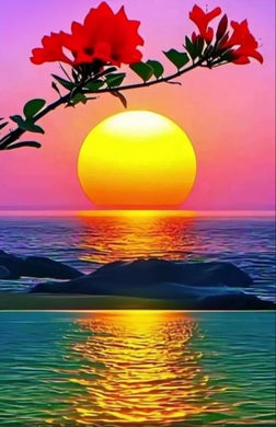 Sunset over water with a branch of red flowers in the foregr diamond painting with artistic design