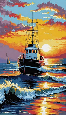 Sunset Ship Diamond Painting Art with Colorful Skies and Waves - DIY diamond painting artwork showcasing vibrant details and colors