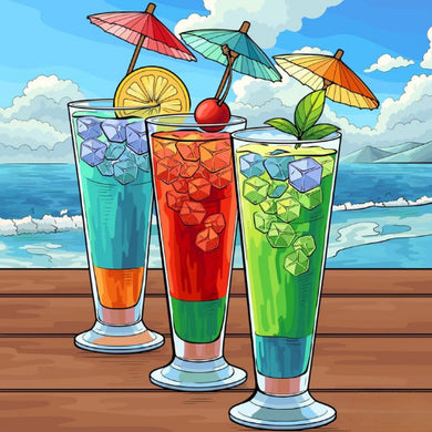 Three colorful cocktails with umbrellas on a wooden deck by the beach – diamond painting kit for summer tropical décor
