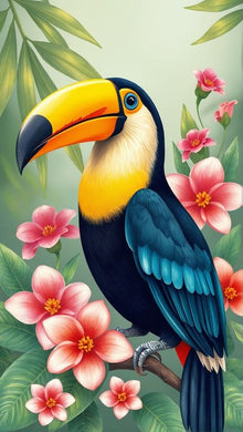 Toucan Bird Diamond Painting with Colorful Beak on Floral Background - DIY diamond painting artwork showcasing vibrant details and colors