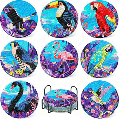 Tropical Animals Diamond Painting Coasters DIY 5D Art Kit – Toucan, Parrot, Falcon, Flamingo, Black Swan