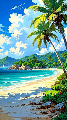 Tropical Beach Diamond Painting with Palm Trees and Blue Water - DIY diamond painting artwork showcasing vibrant details and colors