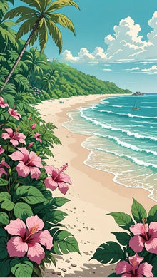 Tropical Beach Scene Diamond Painting with Palm Trees and Sailboat - DIY diamond painting artwork showcasing vibrant details and colors