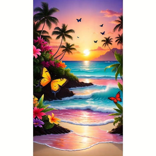 5D Tropical Beach Sunrise Diamond Painting Kit with large 40x60cm ocean landscape canvas and shimmering resin diamonds