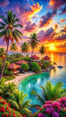Tropical Resort Sunset Diamond Painting with Palm Trees Over Ocean - DIY diamond painting artwork showcasing vibrant details and colors