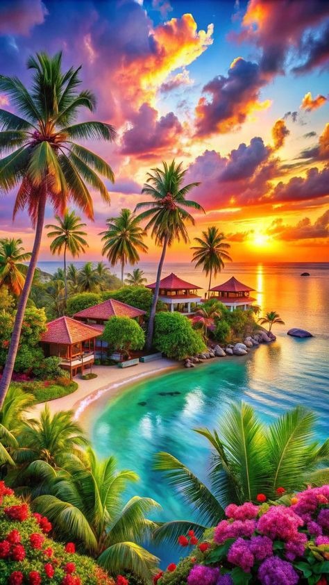 Tropical Resort Sunset Diamond Painting with Palm Trees Over Ocean - DIY diamond painting artwork showcasing vibrant details and colors