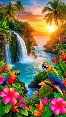 Tropical Waterfall Diamond Painting with Parrots, Flowers, Sunset - DIY diamond painting artwork showcasing vibrant details and colors