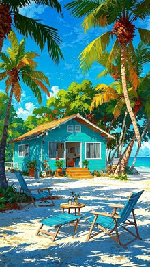 Turquoise Beach House Diamond Painting with Palm Trees, Lounge - DIY diamond painting artwork showcasing vibrant details and colors