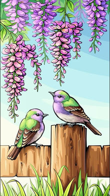 Two Birds on Fence Diamond Painting with Wisteria Flowers Art - DIY diamond painting artwork showcasing vibrant details and colors