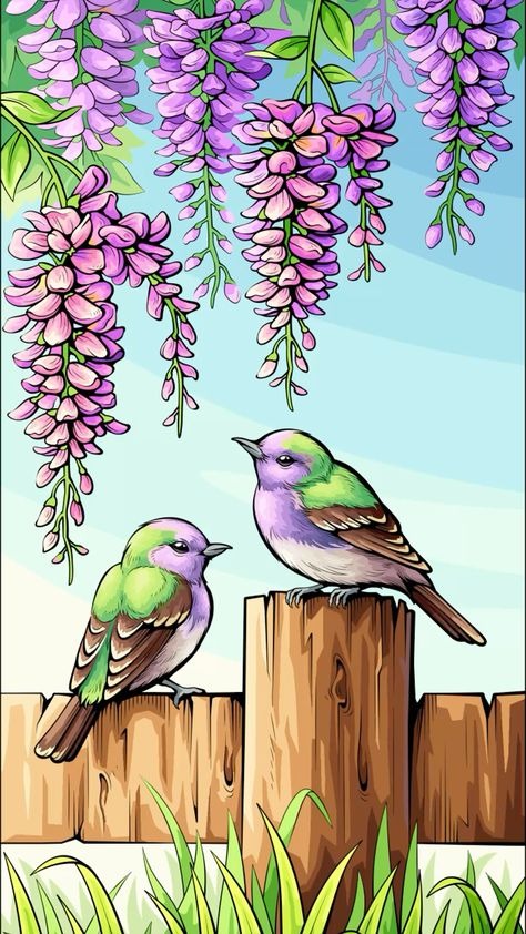 Two Birds on Fence Diamond Painting with Wisteria Flowers Art - DIY diamond painting artwork showcasing vibrant details and colors