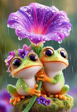 Two cartoon frogs under a purple flower with raindrops diamond painting with artistic design