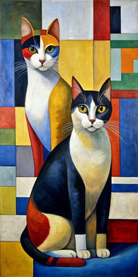 Two Multicolored Cats Diamond Painting on Geometric Abstract Background - DIY diamond painting artwork showcasing vibrant details and colors