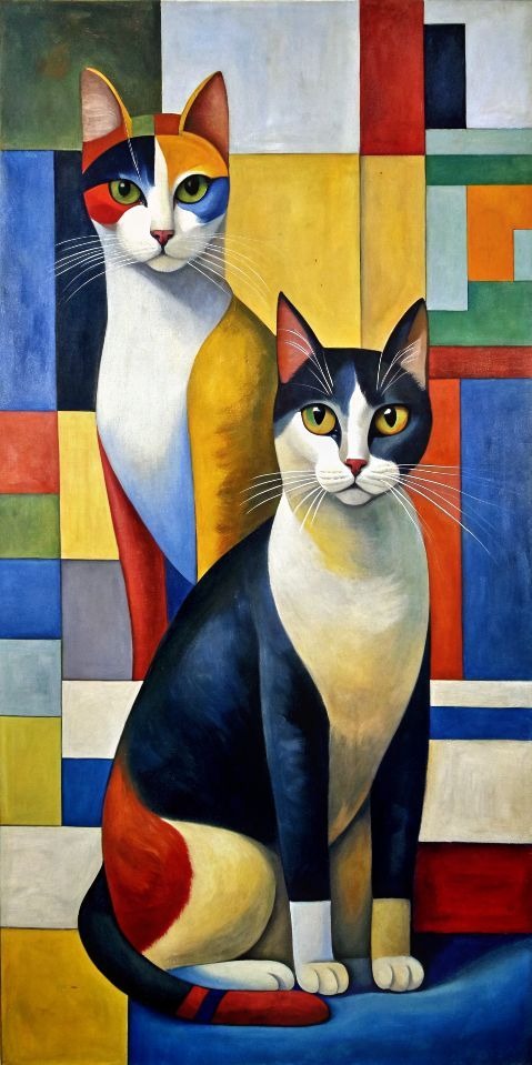 Two Multicolored Cats Diamond Painting on Geometric Abstract Background - DIY diamond painting artwork showcasing vibrant details and colors