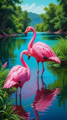 Two Pink Flamingos Diamond Painting in a Calm Pond with Greenery - DIY diamond painting artwork showcasing vibrant details and colors