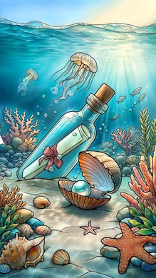Underwater Scene Diamond Painting with Bottle, Jellyfish, Shells - DIY diamond painting artwork showcasing vibrant details and colors
