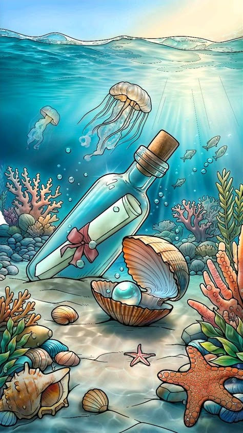 Underwater Scene Diamond Painting with Bottle, Jellyfish, Shells - DIY diamond painting artwork showcasing vibrant details and colors