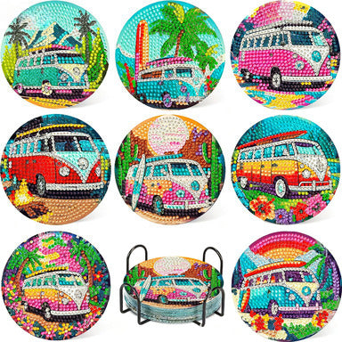 Vans and Tropical Diamond Painting Coasters DIY 5D Art Kit with Holder