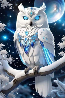 White Owl Diamond Painting Kit on Snowy Tree Branch in Winter Scene