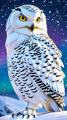 White Owl with Black Spots Diamond Painting on Snowy Background - DIY diamond painting artwork showcasing vibrant details and colors