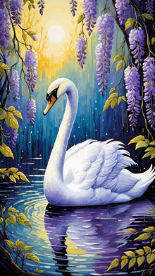 White Swan in Pond Diamond Painting with Wisteria Flowers at Sunset - DIY diamond painting artwork showcasing vibrant details and colors
