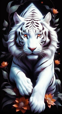 White Tiger Diamond Painting with Orange Flowers and Leaves Art - DIY diamond painting artwork showcasing vibrant details and colors