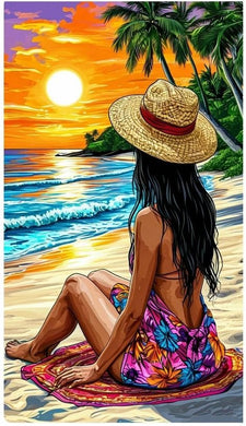 Woman in a colorful dress and straw hat sitting on a beach a diamond painting with artistic design