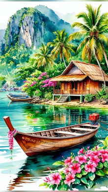 Wooden Cabin by Lake Diamond Painting with Boats, Tropical Plants - DIY diamond painting artwork showcasing vibrant details and colors