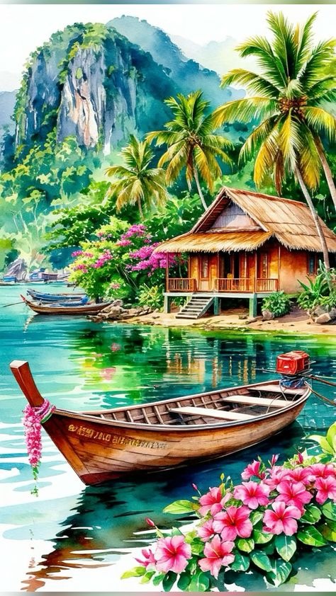 Wooden Cabin by Lake Diamond Painting with Boats, Tropical Plants - DIY diamond painting artwork showcasing vibrant details and colors