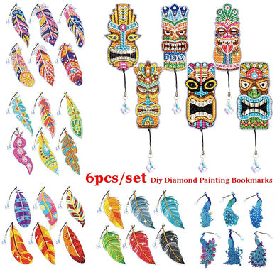 6pcs Feather DIY Diamond Painting Bookmark Pendant Diamond Embroidery Bookmark Crafts Kits Art