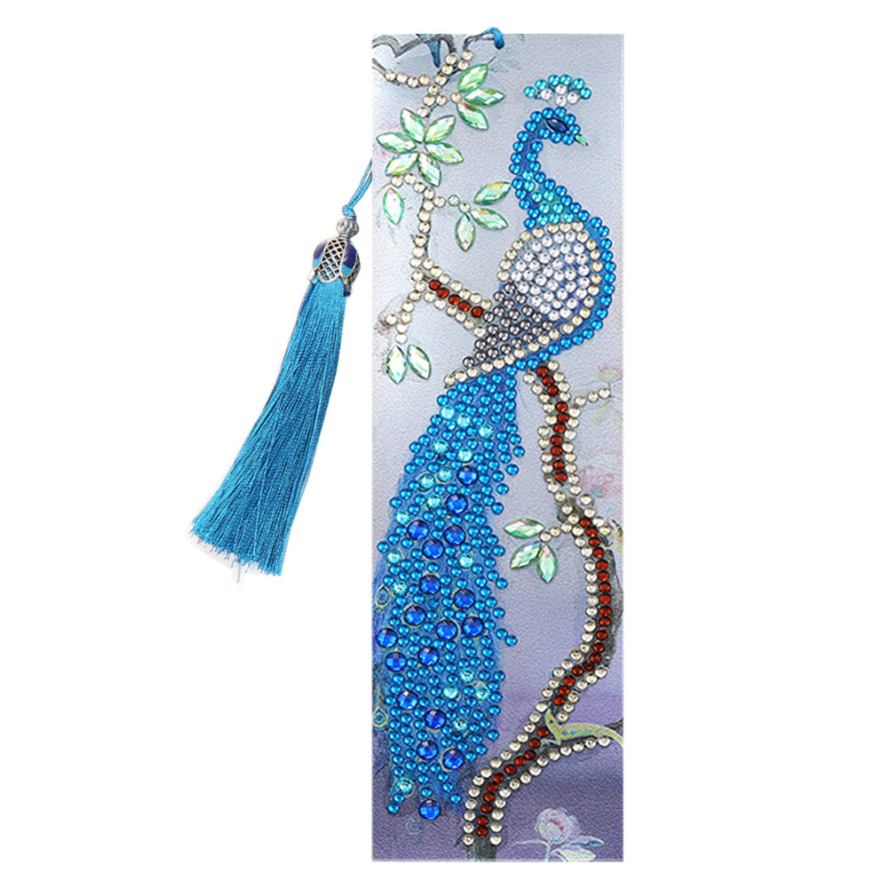 Diamond Painting Bookmark - Leather Tassel Blue Peafowl