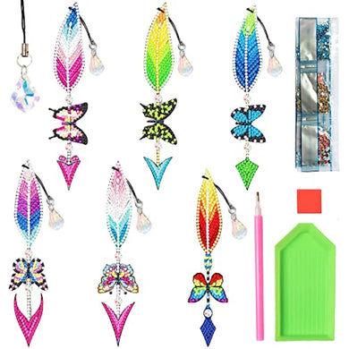 6 Pieces Diamond Painting Bookmarks Keychains Kit 5D DIY Feather Butterflies Bookmark DIY Craft
