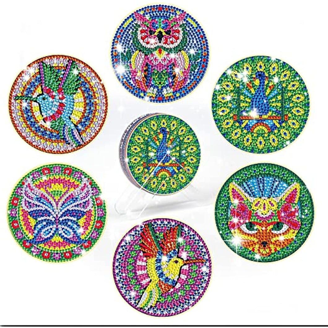 6 Pieces Mandala Diamond Painting Coaster Bird with Holder