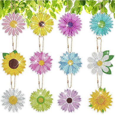 12 PCS Spring Flowers Diamond Painting Keychains Daisy Sunflower Colorful Flowers