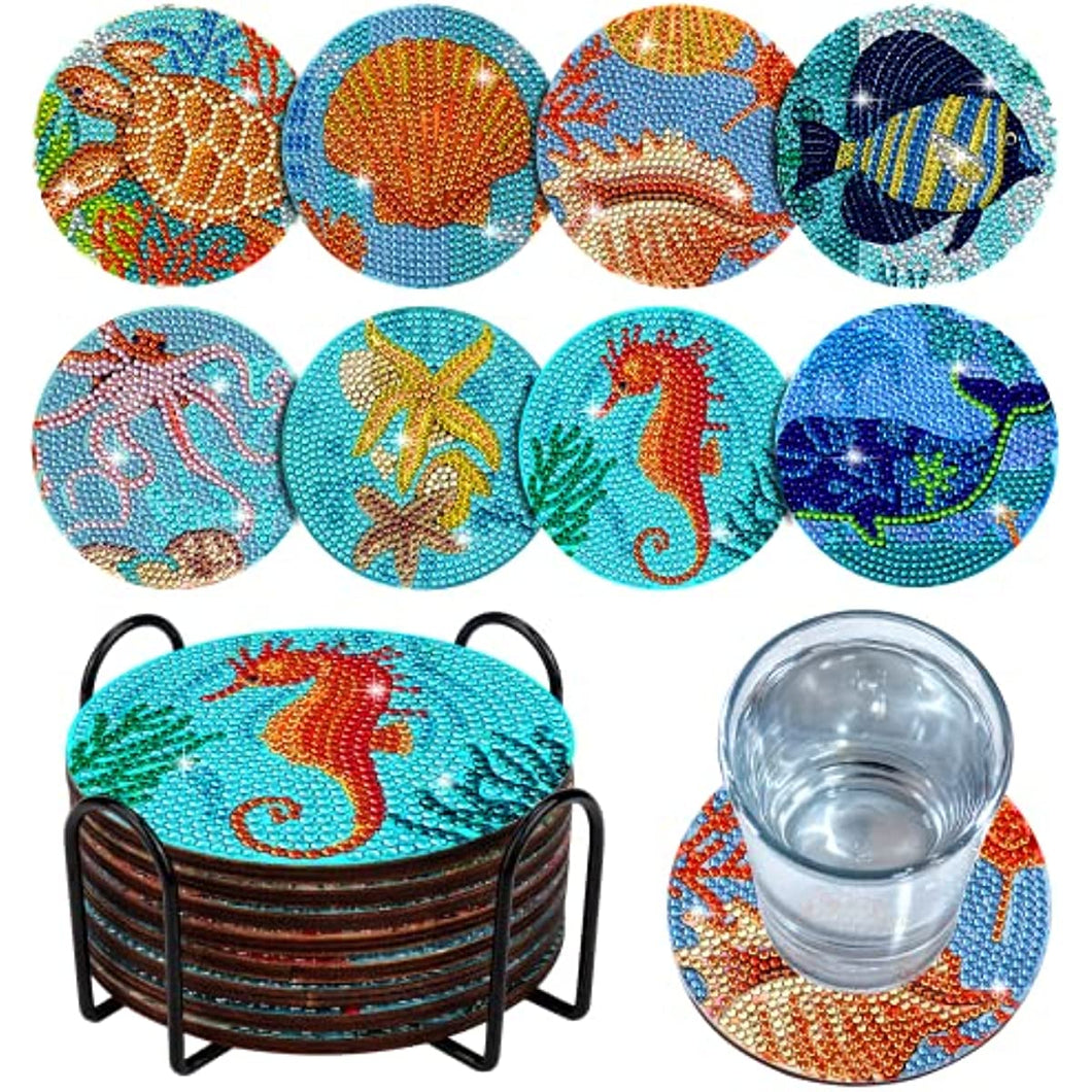 8 Pcs Diamond Painting Coasters with Holder Ocean Coasters DIY Crafts ADP9482