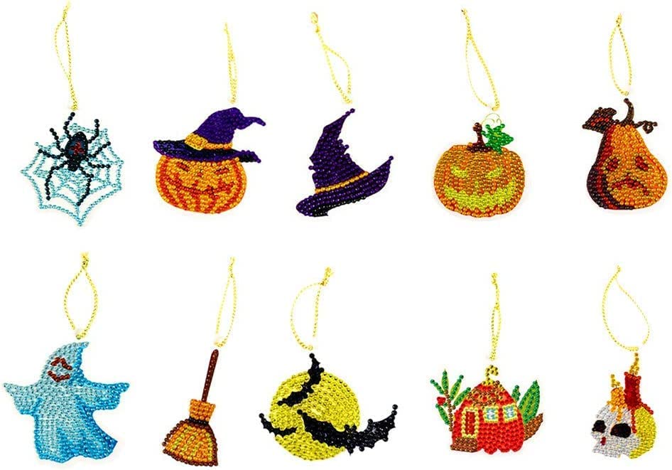 10 PCS Halloween DIY Pumpkin Bat Ghost Hat Diamond Painting Kits Pendants for Halloween Party
