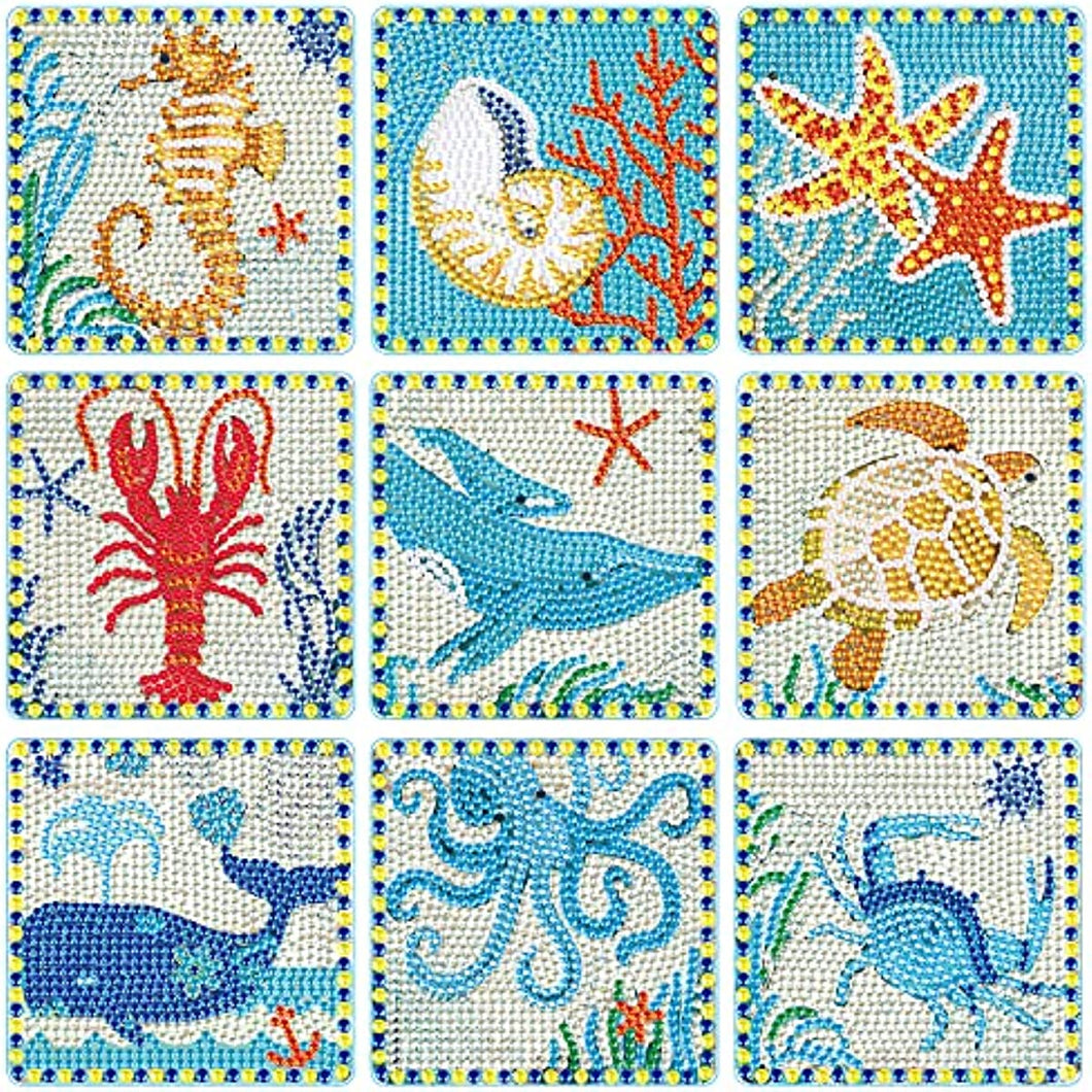 9 Pieces Marine Sea Life Animal Square Shape Diamond Painting Coaster with Holder