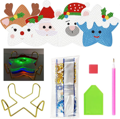 4pcs DIY 5D Christmas Elk Bear Coasters Kits for Adults Xmas Coaster with Holder