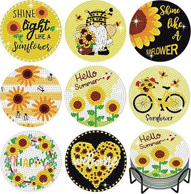 8 PCS Happy Sunflower Flowers Hello Summer Diamond Painting Coasters with Holder