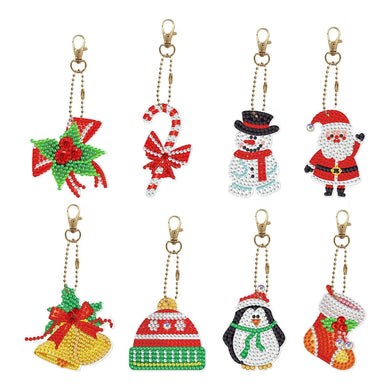 8 Pieces Christmas Diamond Painting Keychain 5D DIY Diamond Art Kits Acrylic Pendant Bell Hat Penguin Socks