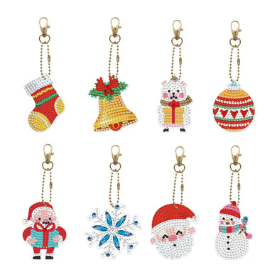 8 Pieces Christmas Snowflake Snowman Diamond Painting Keychain 5D DIY Diamond Art Kits Acrylic Pendant Socks
