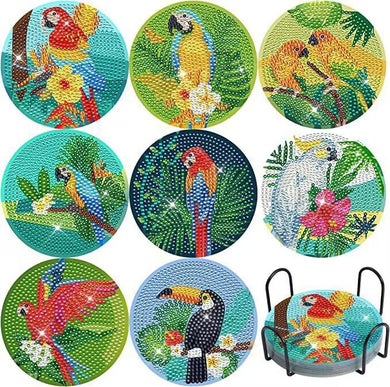 8 PCS Parrot Birds Diamond Painting Coasters with Holder