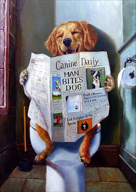 A Dog Sitting On The Toilet Reading A Newspaper