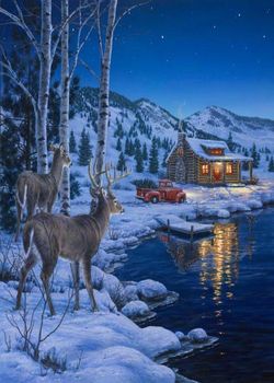 Diy Diamond Painting Deer Snow Lake Hut
